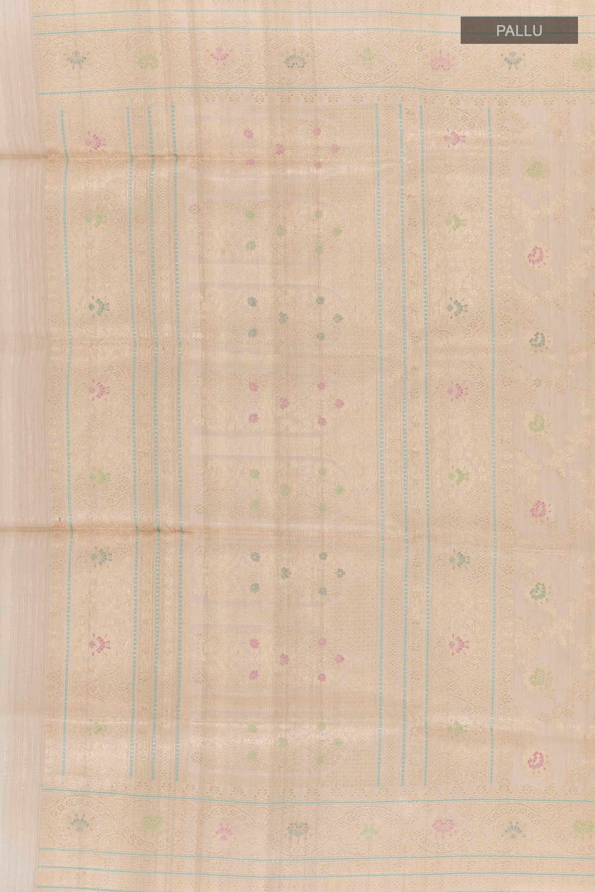 Close up image of the pallu of Off White Banarasi Tussar Silk Saree with Zari Butta on the body and Zari Border. 