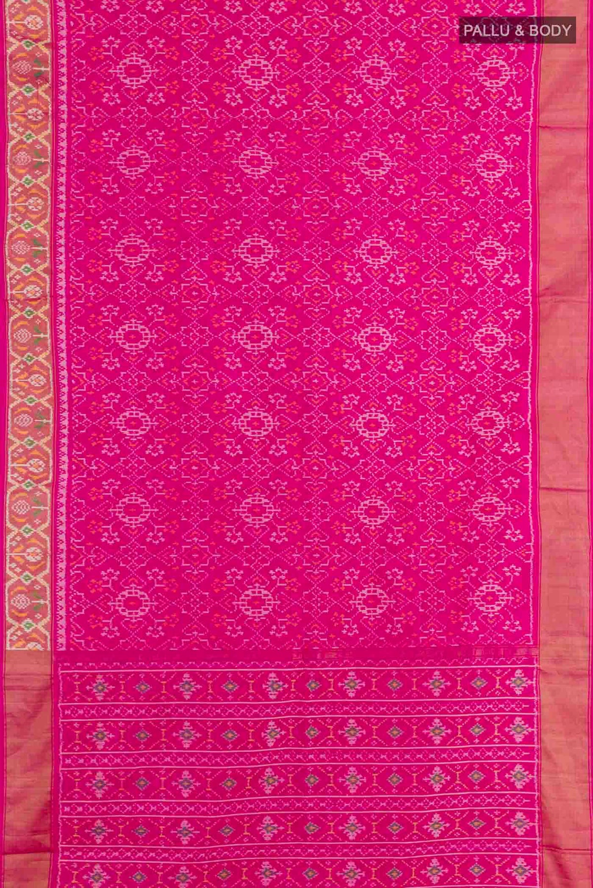 Flat view of Pink Pochampally Silk Saree with Pure Ikat on the body and Zari Border. 