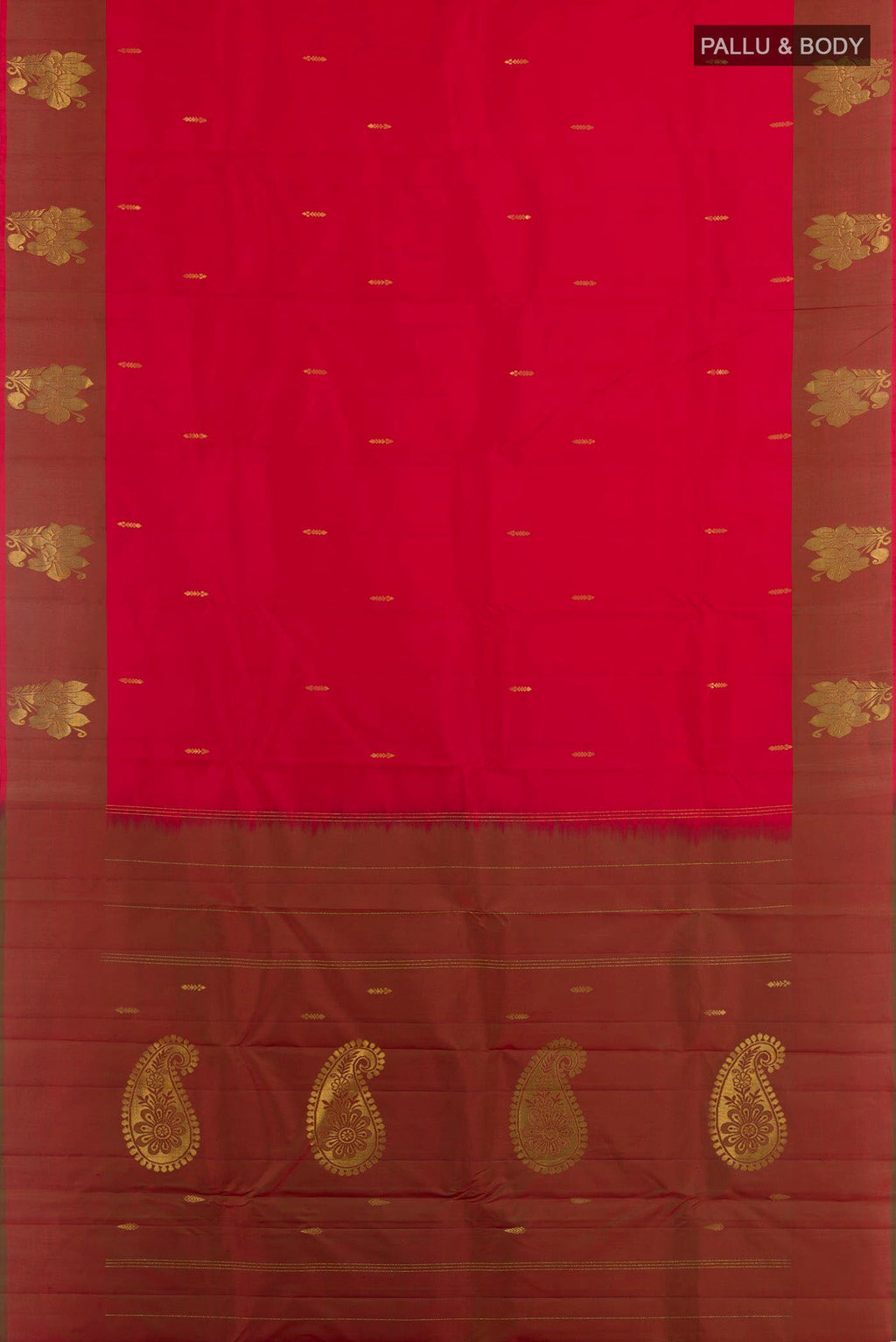 Flat view of Red Kanchipuram Saree with Zari Butta on the body and Zari Border. 
