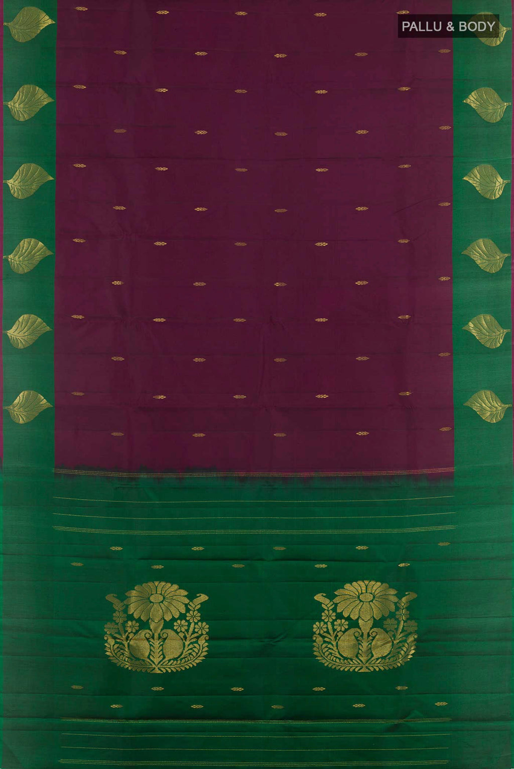 Flat view of Purple Kanchipuram Silk Saree with Zari Butta on the body and Zari Border. 
