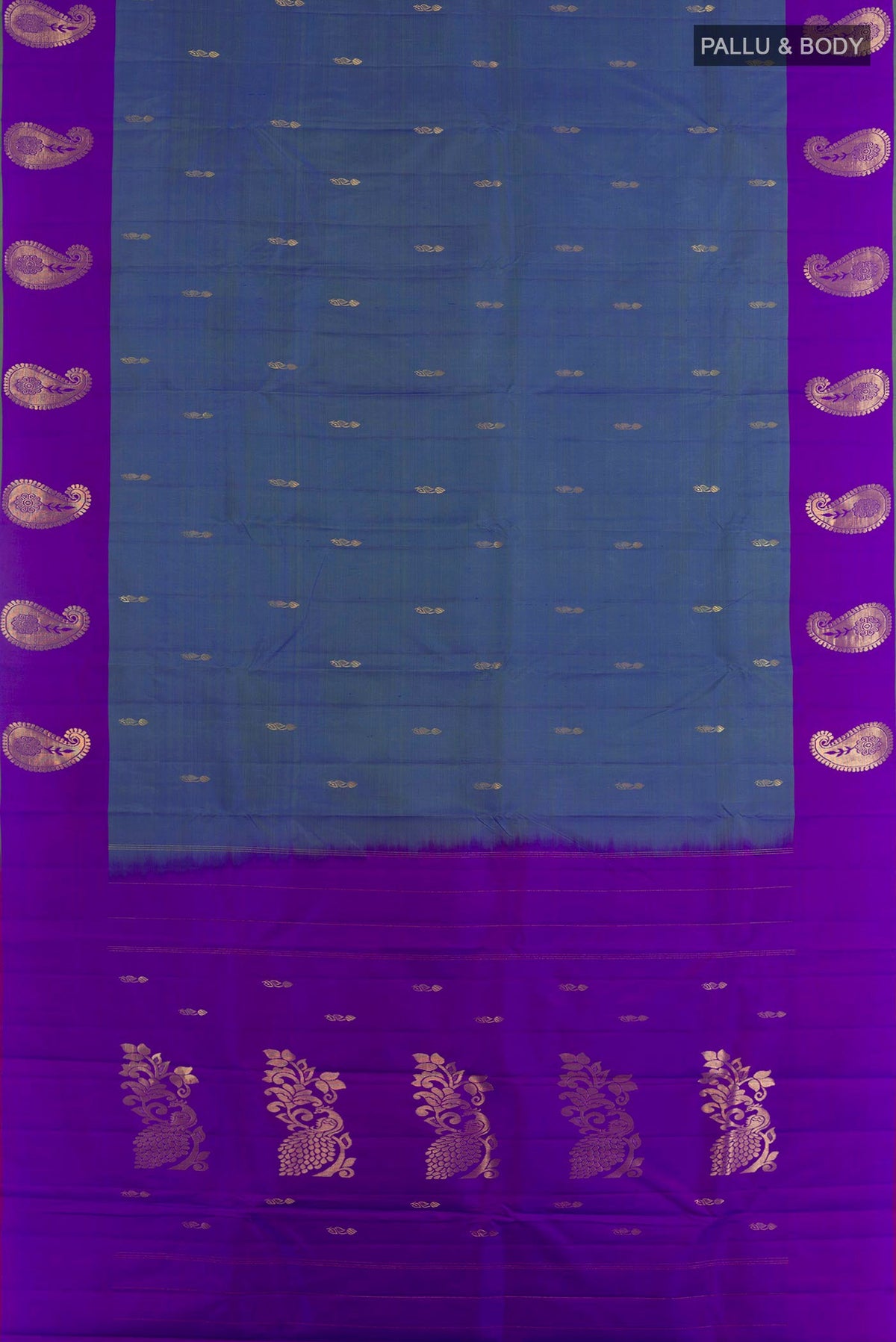 Flat view of Blue Grey Kanchipuram Silk Saree with Zari Brocade on the body and Zari Border. 