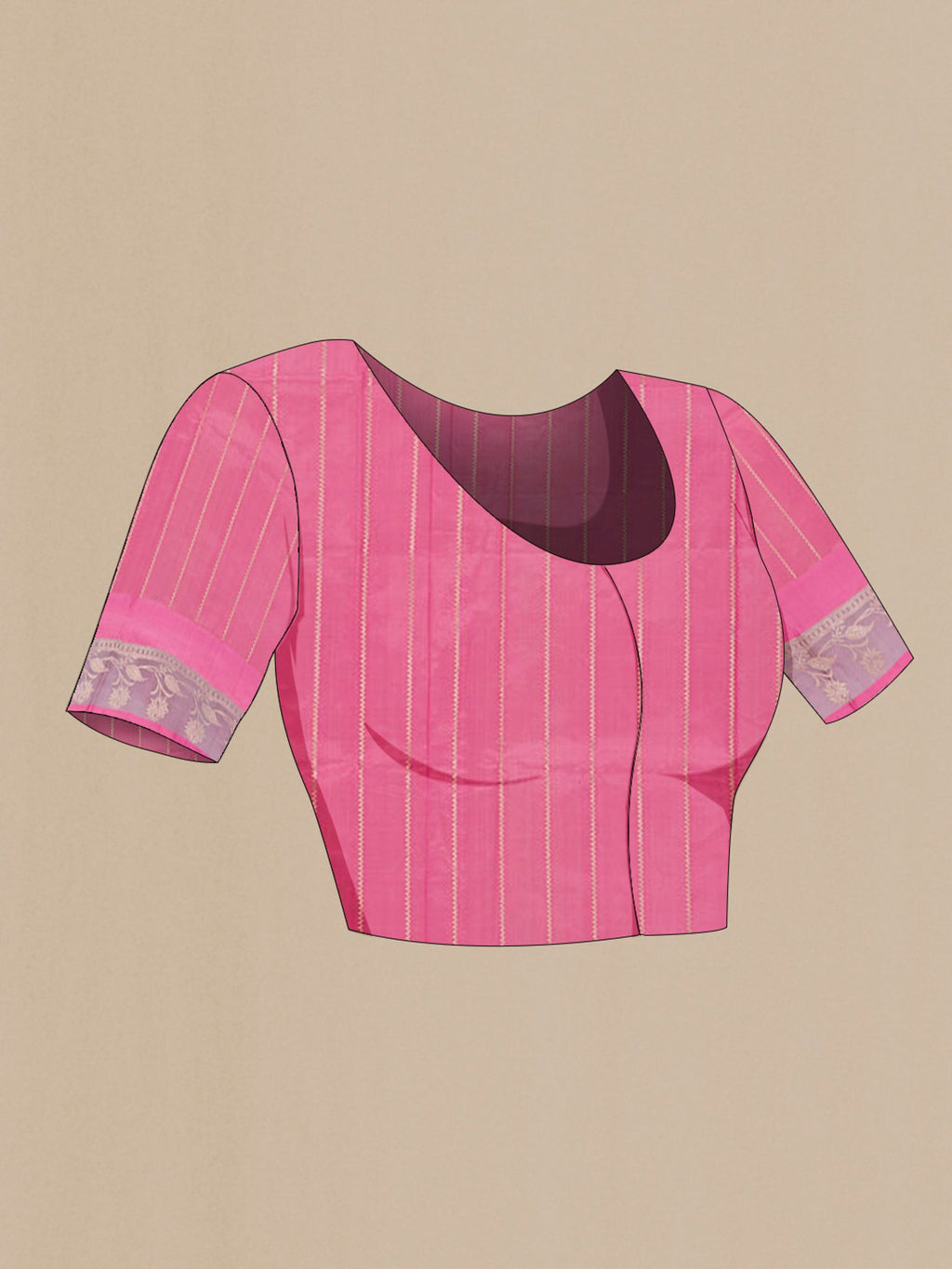 Close up image of the blouse of Imperial Pink Banarasi Katan Silk Saree with Zari Butta on the body and Zari Border. 