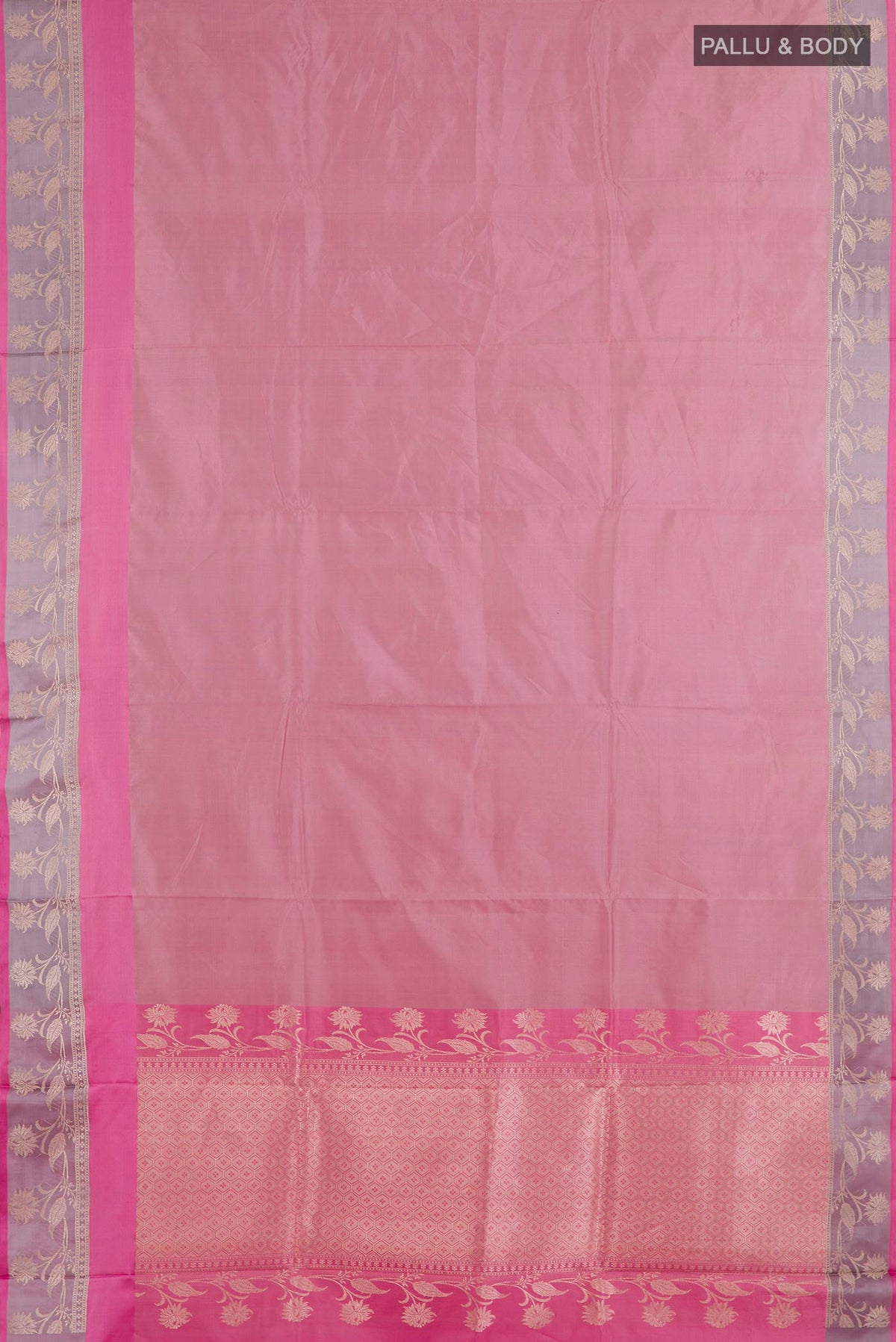 Flat view of Imperial Pink Banarasi Katan Silk Saree with Zari Butta on the body and Zari Border. 