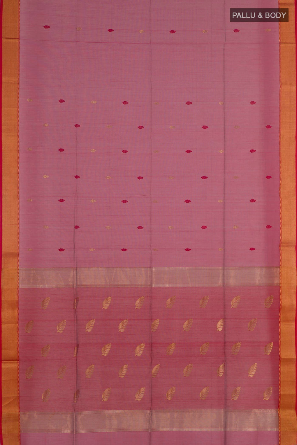 Flat view of Magenta Blended Kora Cotton Saree with Zari Butta on the body and Zari Border. 
