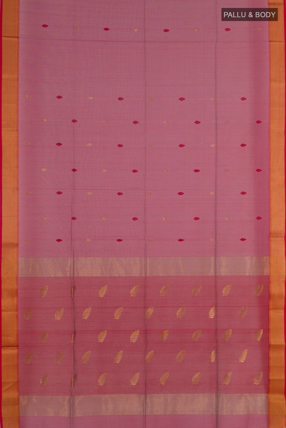 Flat view of Magenta Blended Kora Cotton Saree with Zari Butta on the body and Zari Border. 