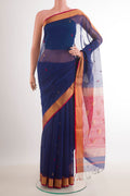 Dark Blue Blended Kora Cotton Saree with Zari Butta on the body and Zari Border.  displayed on a mannequin