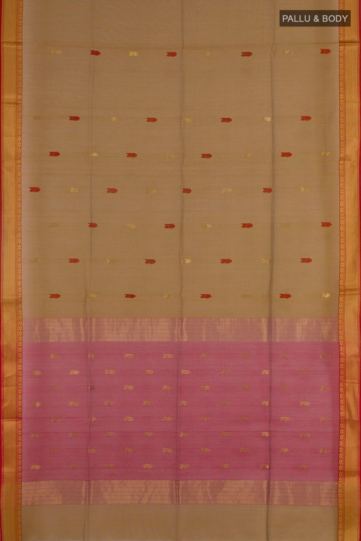 Flat view of Mustard Blended Kora Cotton Saree with Zari And Thread Butta on the body and Zari Border. 
