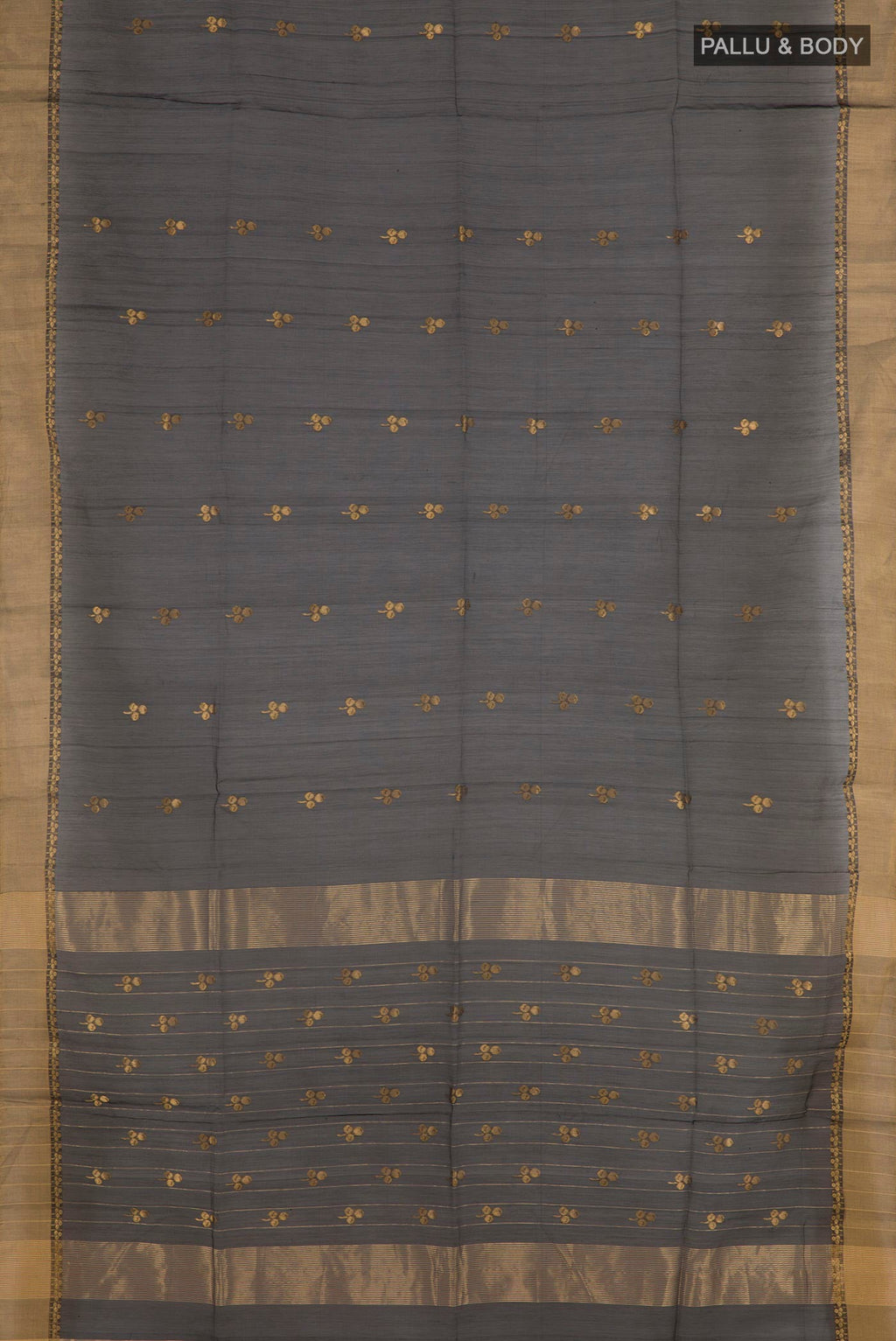 Flat view of Black Blended Kora Cotton Saree with Zari Butta on the body and Zari Border. 