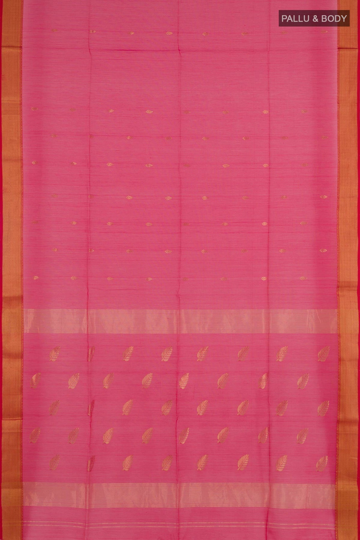Flat view of Red Blended Kora Cotton Saree with Zari Butta on the body and Zari Border. 