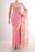 Pink Blended Kora Cotton Saree with Zari Butta on the body and Zari Border.  displayed on a mannequin
