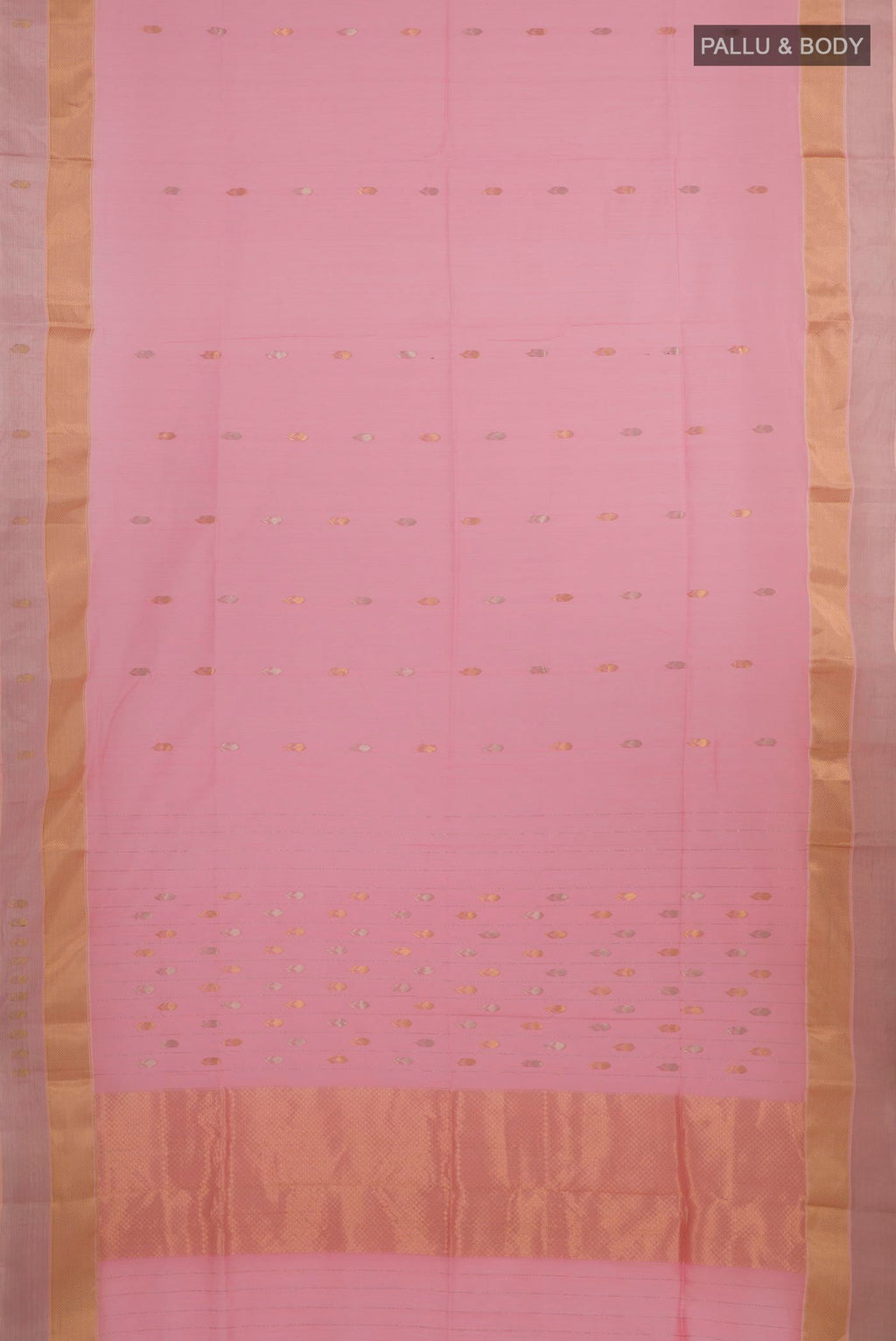 Flat view of Pink Blended Kora Cotton Saree with Zari Butta on the body and Zari Border. 