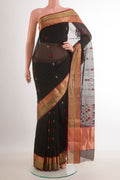 Black Blended Kora Cotton Saree with Zari Butta on the body and Zari Border.  displayed on a mannequin