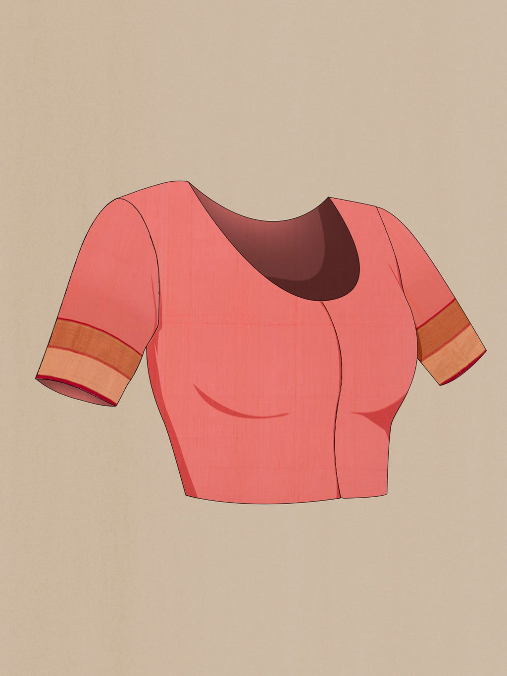 Close up image of the blouse of Peach Blended Kora Cotton Saree with Zari Butta on the body and Zari Border. 