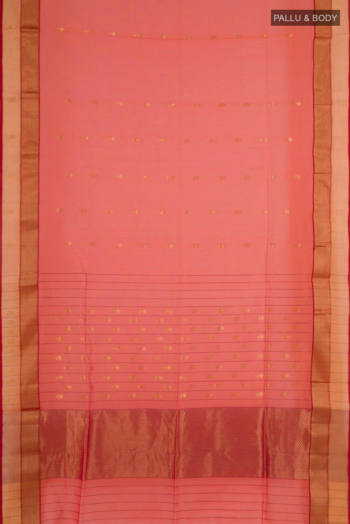 Flat view of Peach Blended Kora Cotton Saree with Zari Butta on the body and Zari Border. 