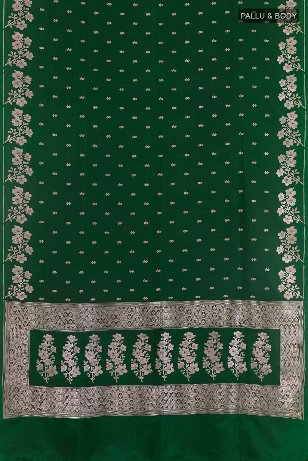 Flat view of Green Blended Art Silk Saree with Zari Butta on the body and Zari Border. 
