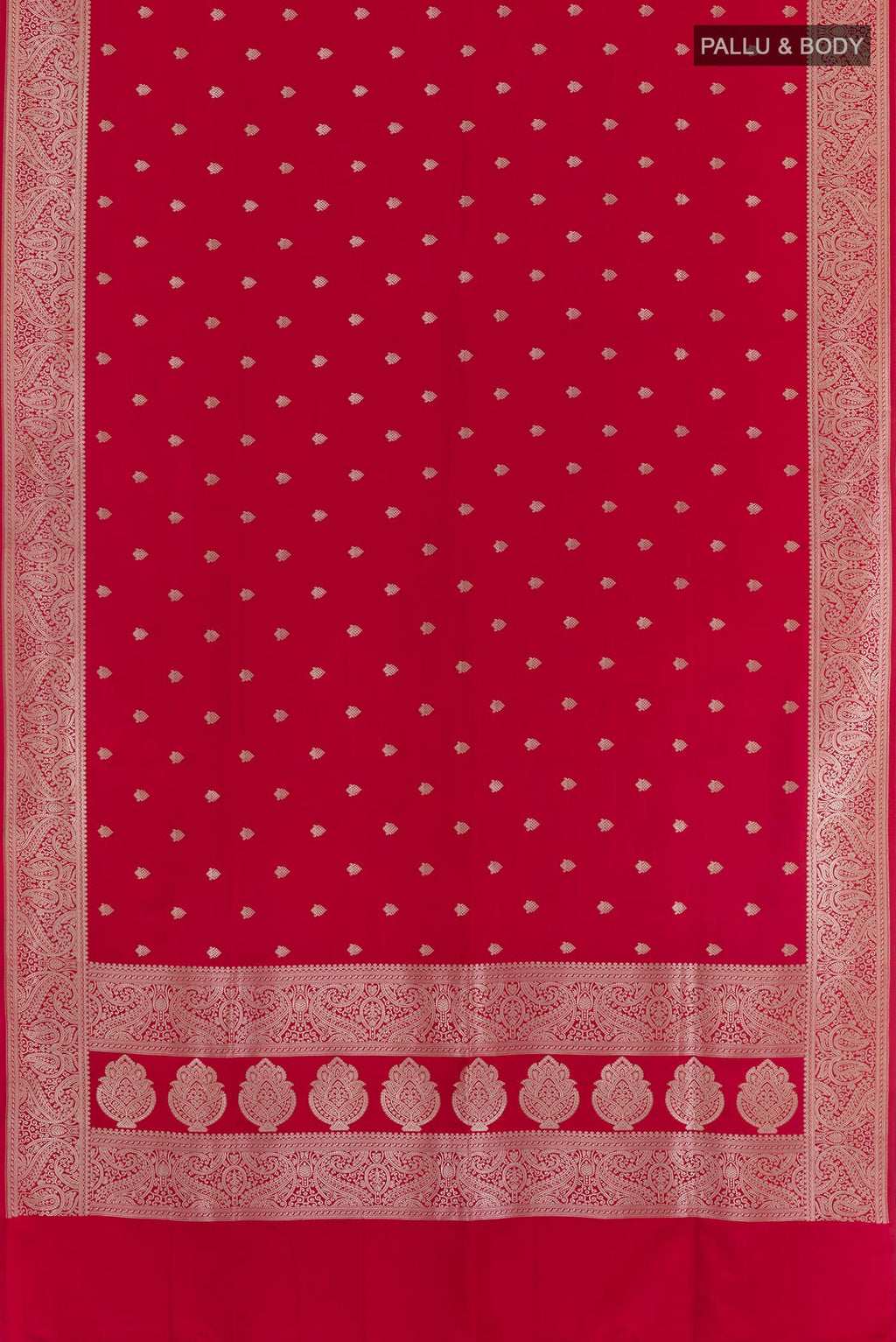 Flat view of Red Blended Art Silk Saree with Zari Butta on the body and Zari Border. 