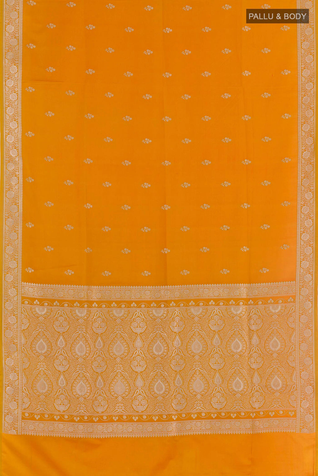 Flat view of Yellow Blended Art Silk Saree with Zari Butta on the body and Zari Border. 