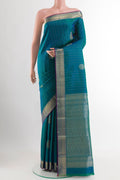 Peacock Blue Dual Tone Kanchipuram Silk Saree with Zari Butta on the body and Zari Border.  displayed on a mannequin