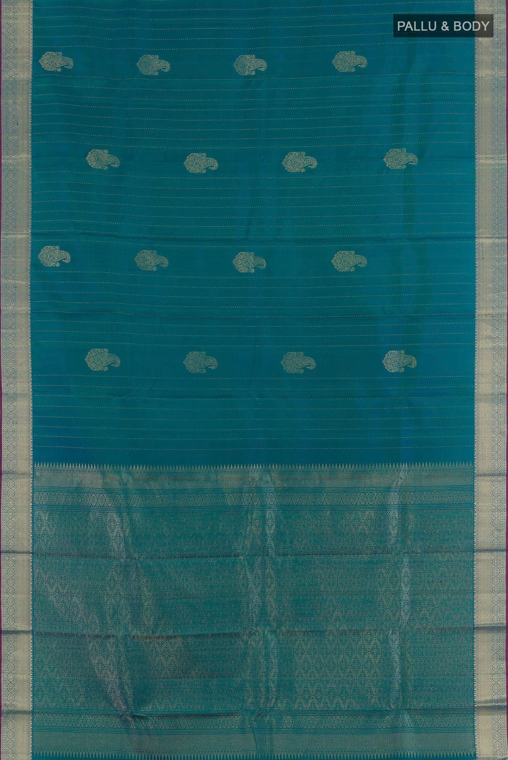 Flat view of Peacock Blue Dual Tone Kanchipuram Silk Saree with Zari Butta on the body and Zari Border. 