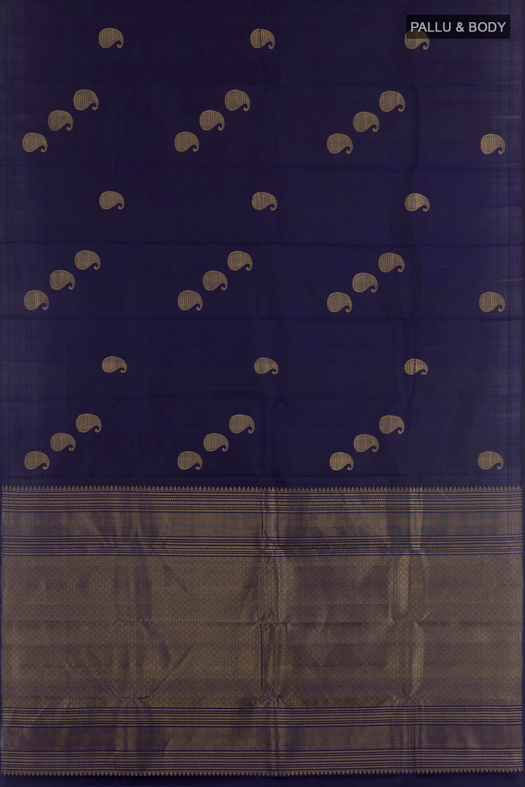 Flat view of Blue Kanchipuram Silk Saree with Zari Butta on the body and Zari Border. 