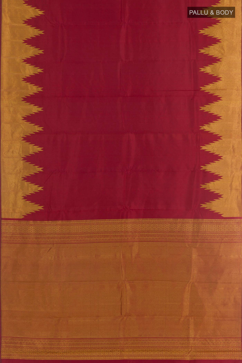 Flat view of Maroon Kanchipuram Silk Saree with Plain Body and Temple Border. 