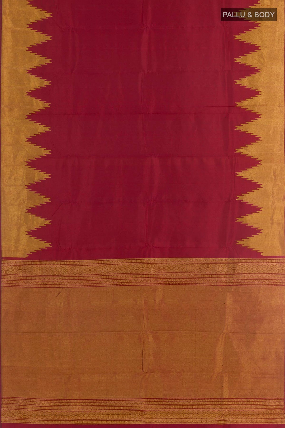 Flat view of Maroon Kanchipuram Silk Saree with Plain Body and Temple Border. 