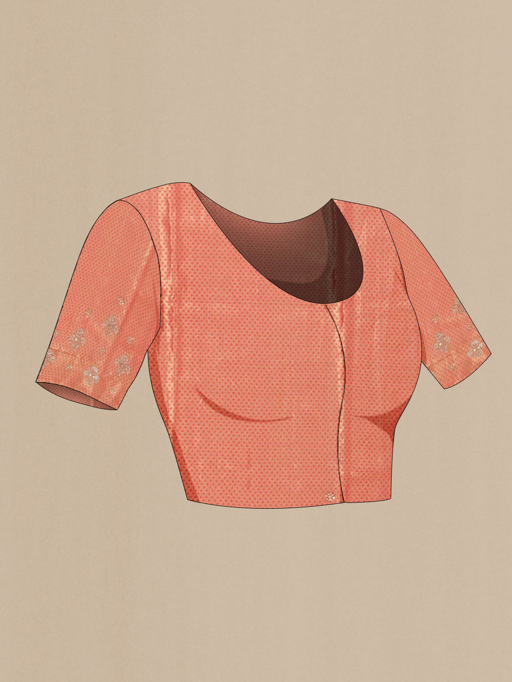 Close up image of the blouse of Golden Tissue Silk Saree with Zari Brocade on the body and Embroidery Border. 