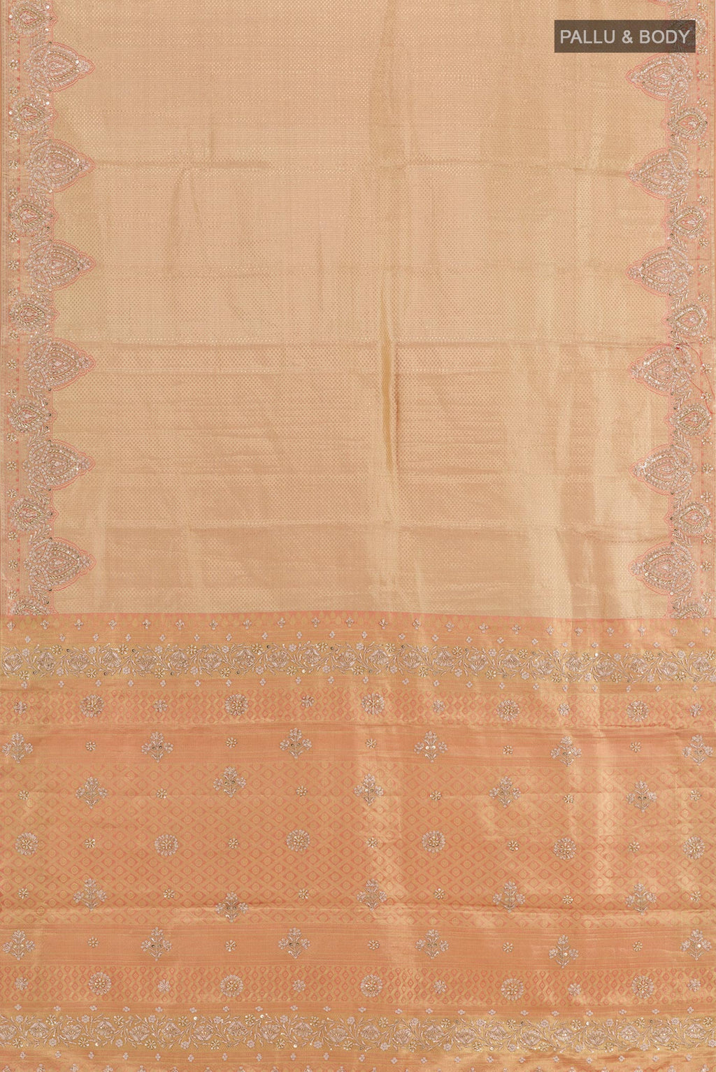 Flat view of Golden Tissue Silk Saree with Zari Brocade on the body and Embroidery Border. 