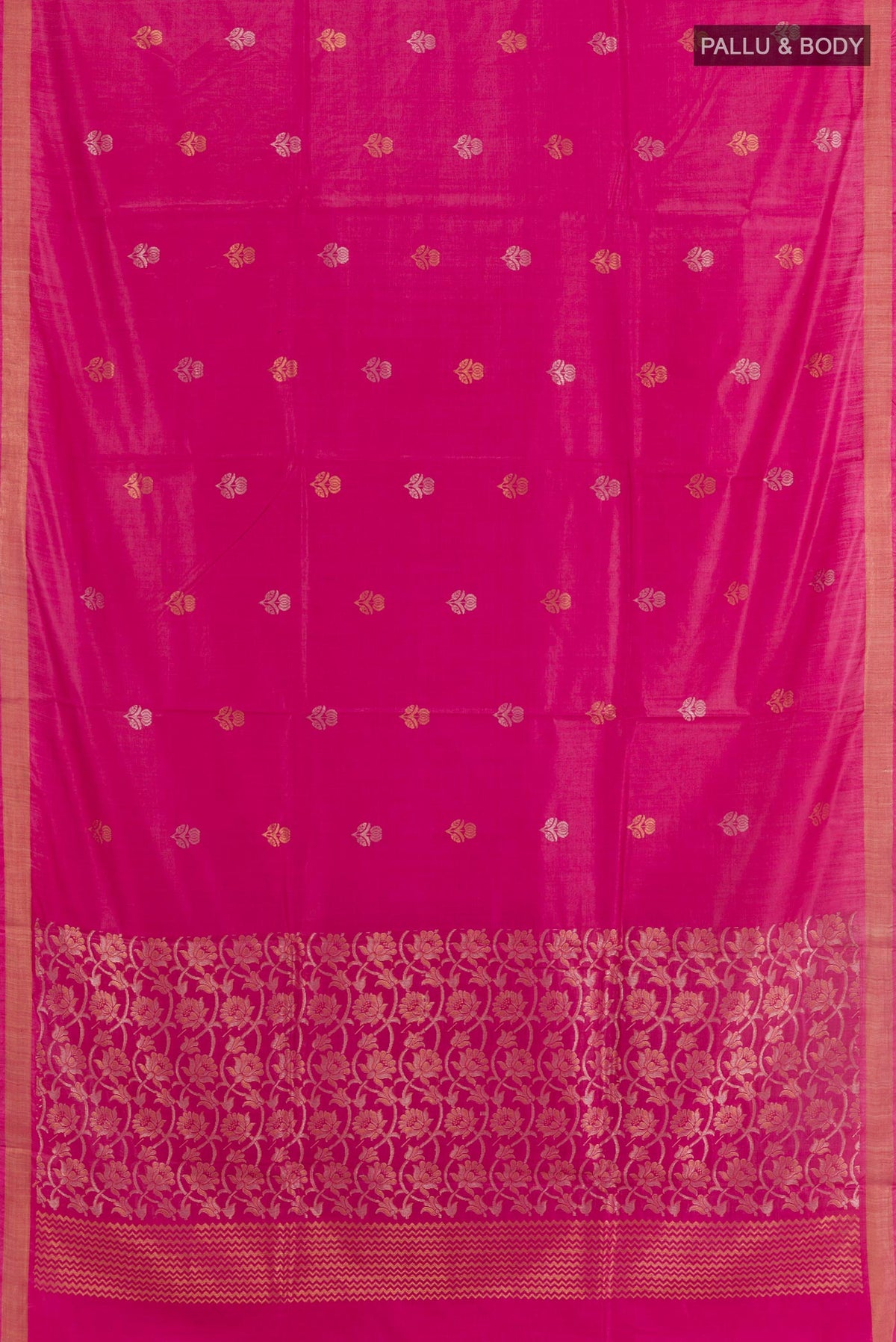 Flat view of Pink Tussar Silk Saree with Zari Butta on the body and Zari Border. 