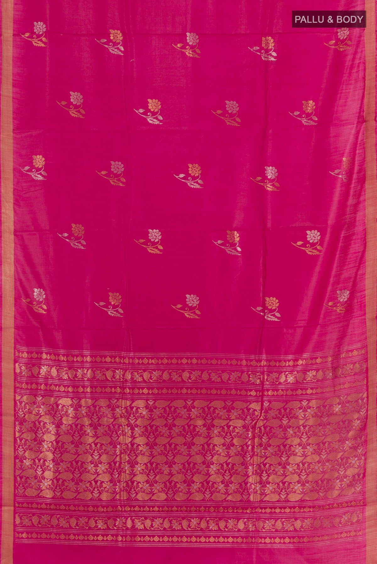 Flat view of Magenta Tussar Saree with Zari Butta on the body and Zari Border. 