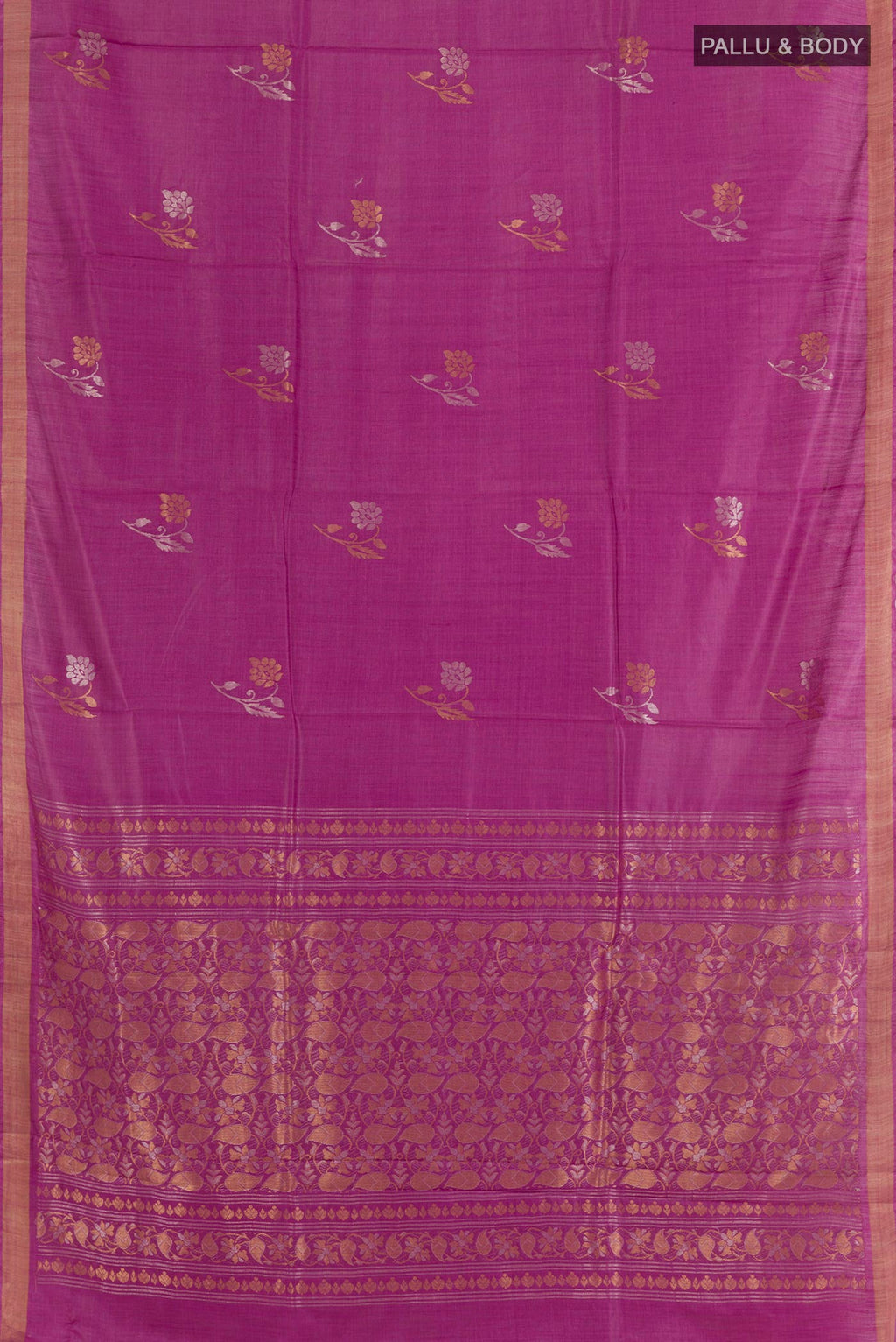 Flat view of Purple Tussar Saree with Zari Butta on the body and Zari Border. 