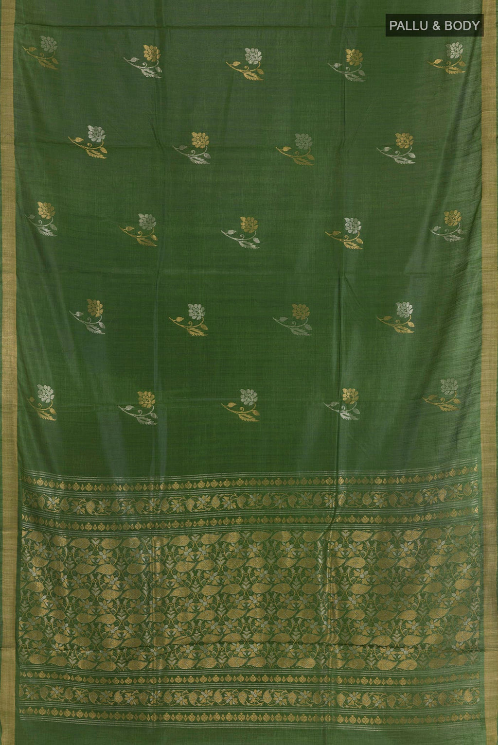 Flat view of Green Tussar Saree with Zari Butta on the body and Zari Border. 