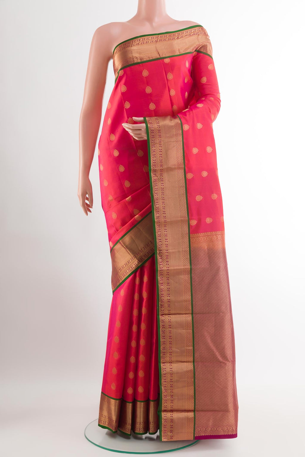 Red Dual Tone Kanjivaram Silk Saree with Zari Butta on the body and Paithani Border.  displayed on a mannequin