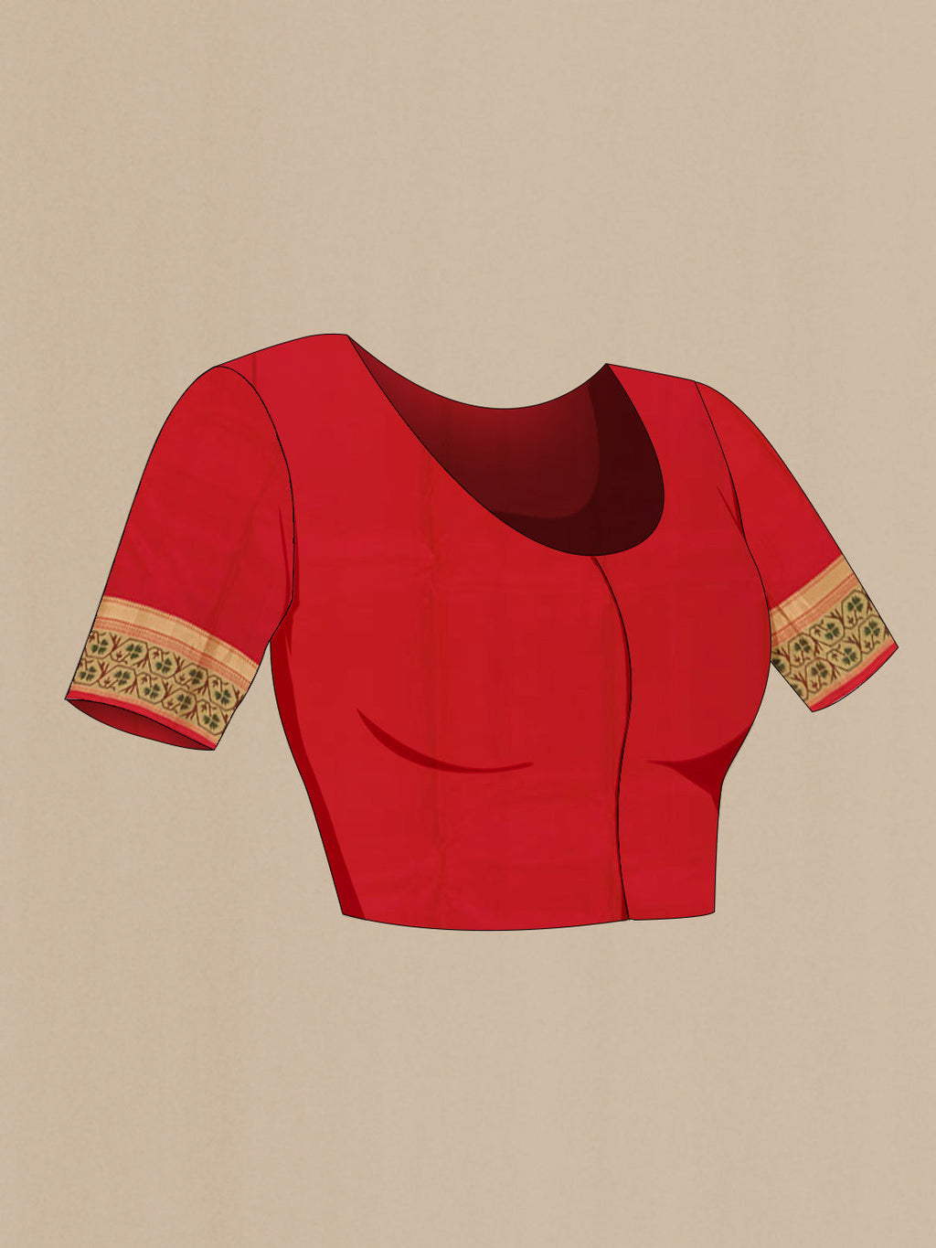 Close up image of the blouse of Orange Kanchipuram Silk Saree with Zari Butta on the body and Paithani Border. 