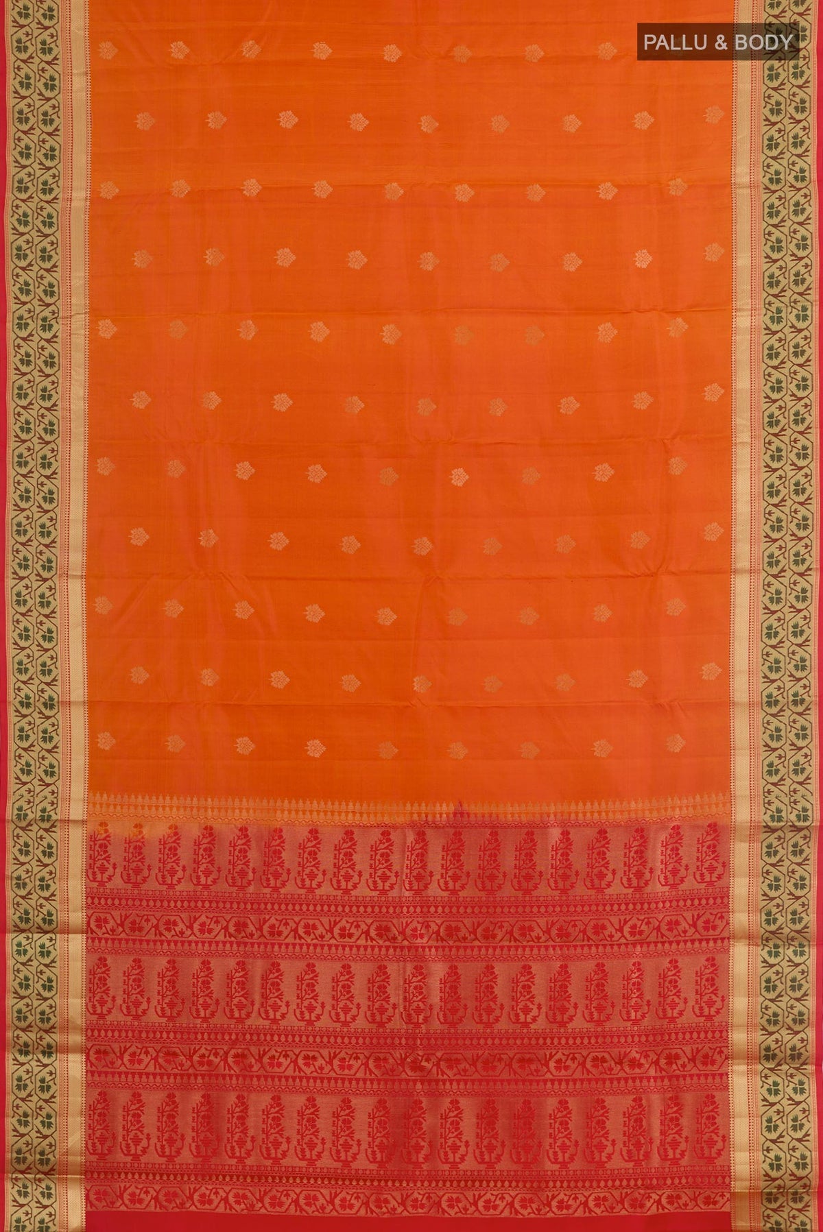 Flat view of Orange Kanchipuram Silk Saree with Zari Butta on the body and Paithani Border. 