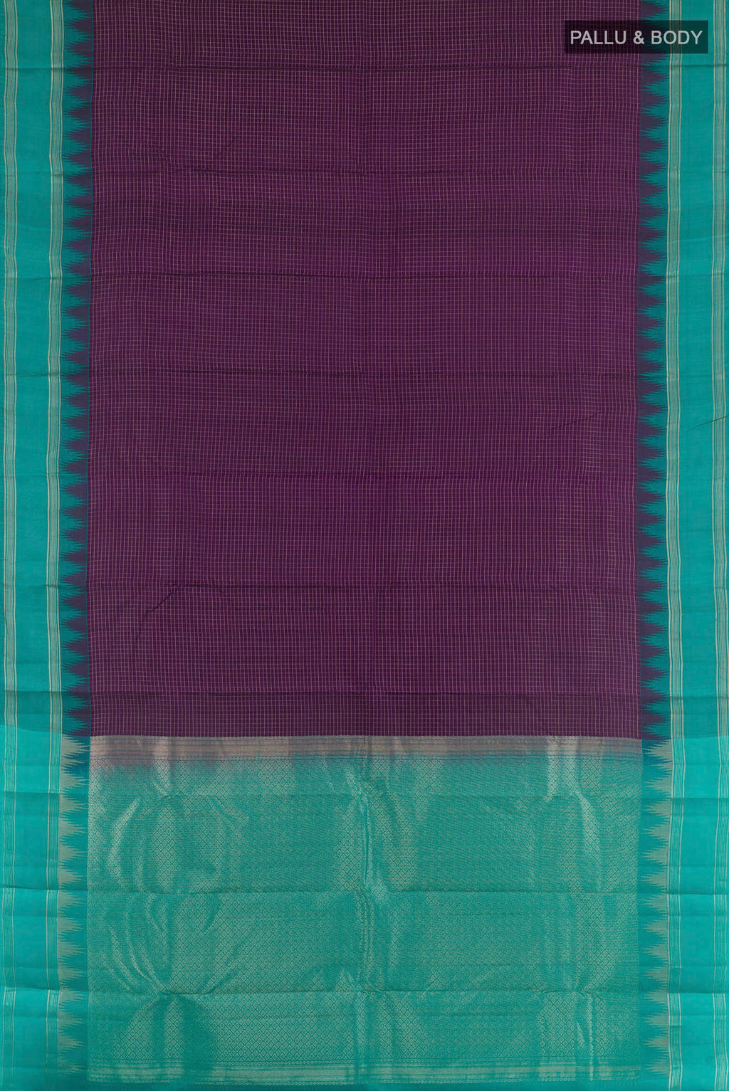 Flat view of Purple Kanchipuram Silk Saree with Checked design on the body and Zari Border. 