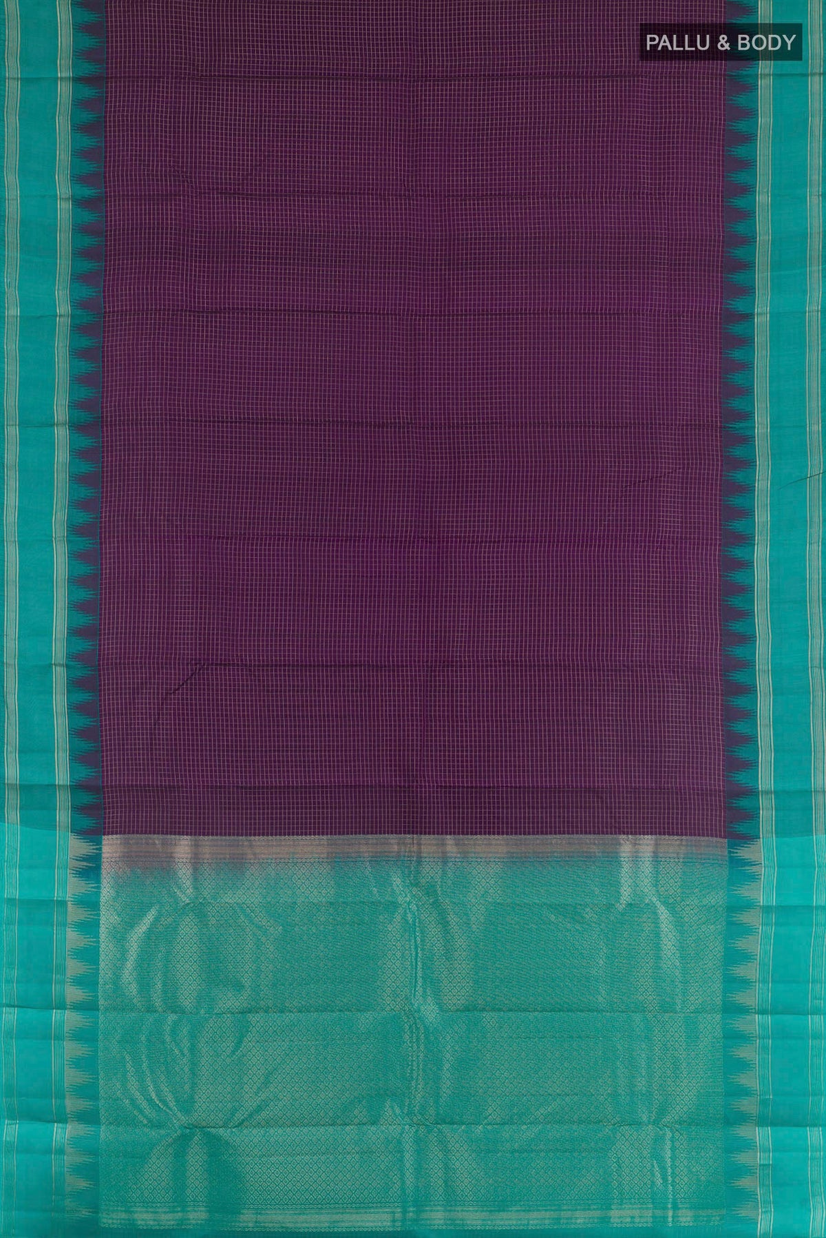 Flat view of Purple Kanchipuram Silk Saree with Checked design on the body and Zari Border. 