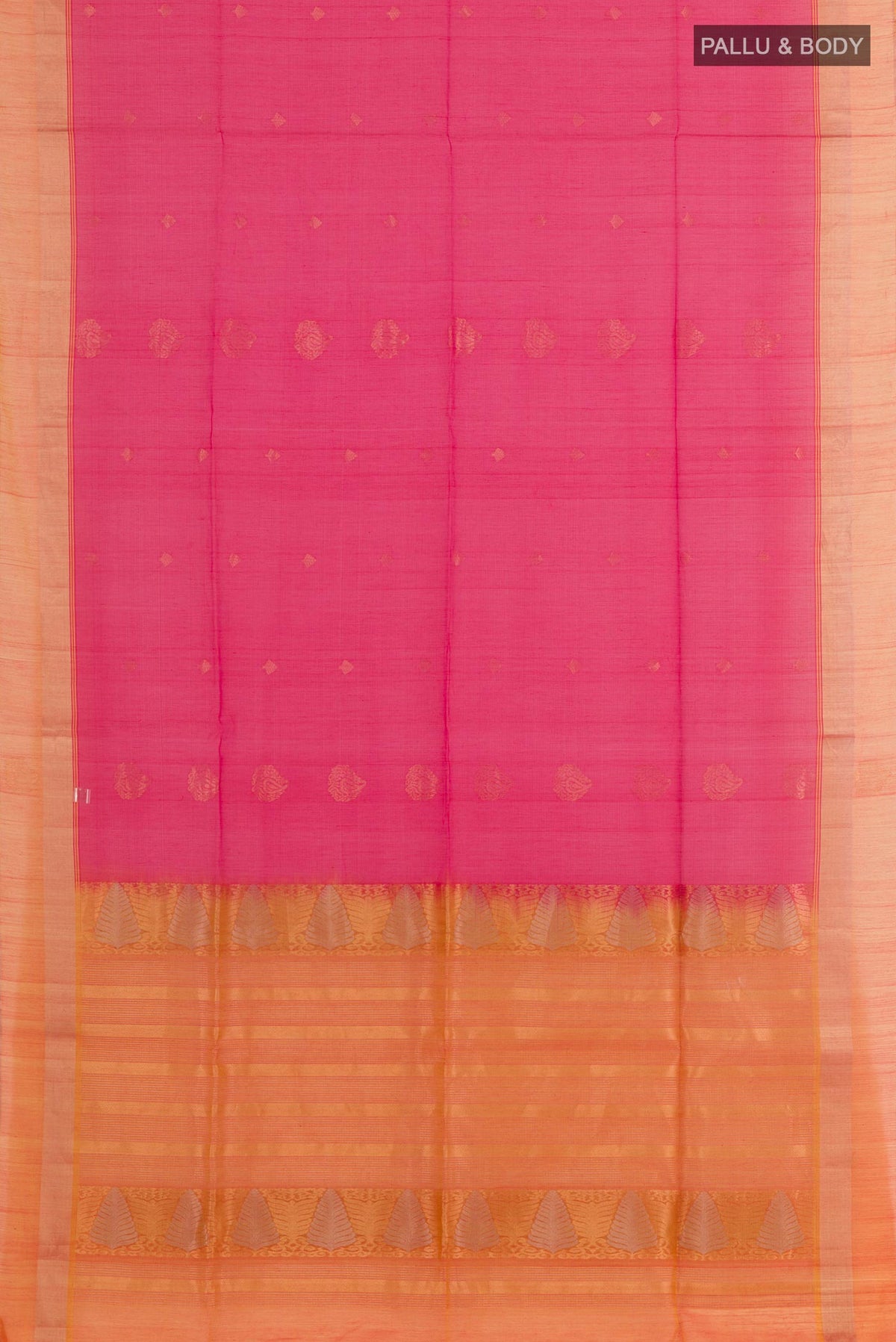 Flat view of Dark Pink Kora Cotton Saree with Zari Butta on the body and Zari Border. 