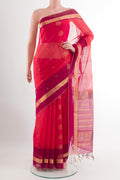 Dark Pink Blended Kora Cotton Saree with Zari Butta on the body and Zari Border.  displayed on a mannequin