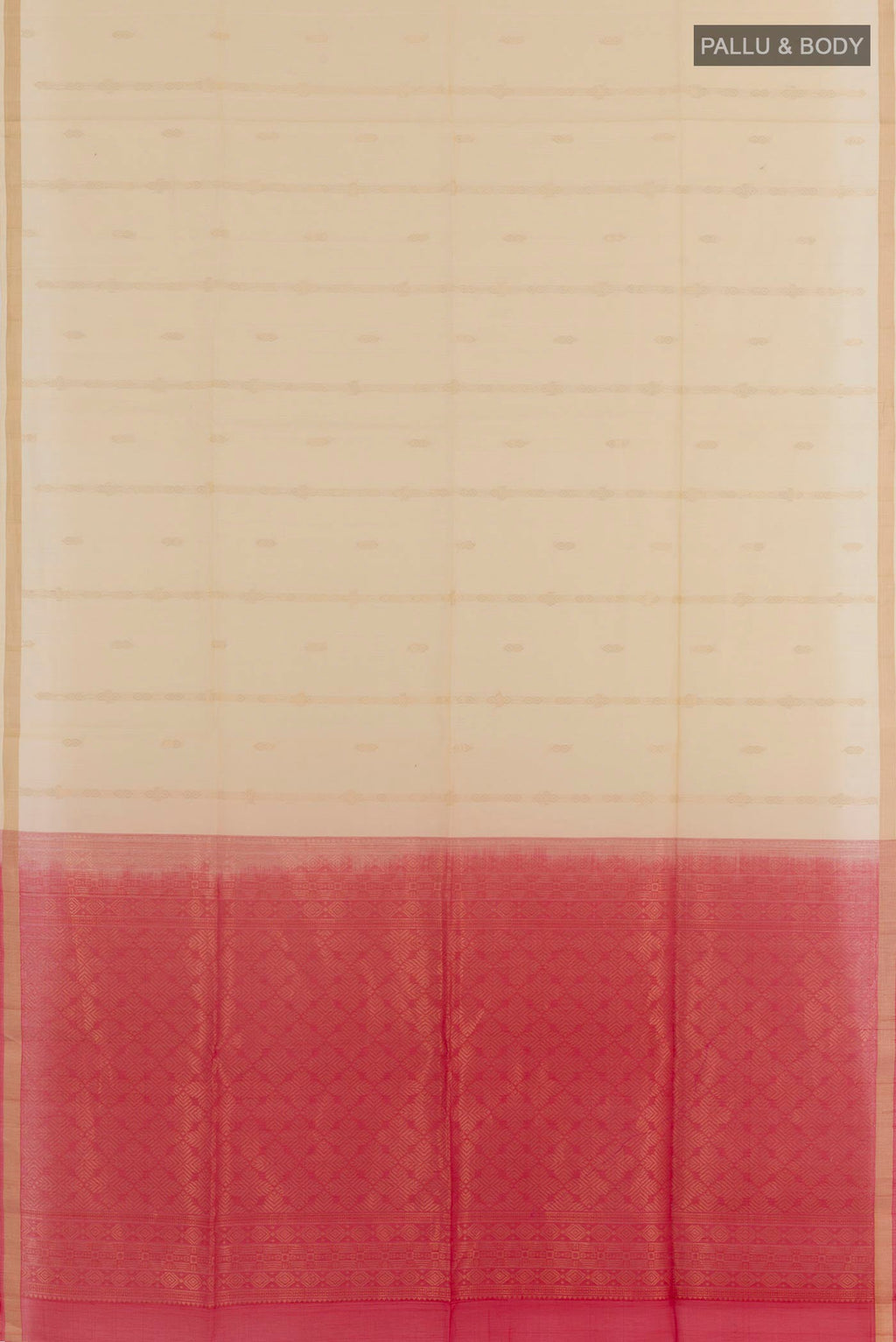 Flat view of Cream Blended Kora Cotton Saree with Zari Butta on the body and Zari Border. 