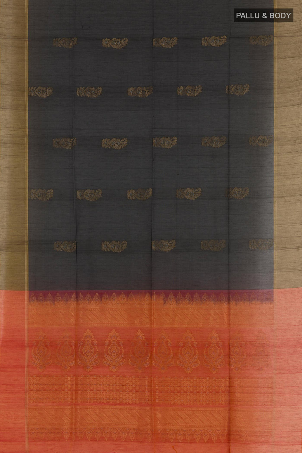 Flat view of Black Blended Kora Cotton Saree with Zari Butta on the body and Zari Border. 