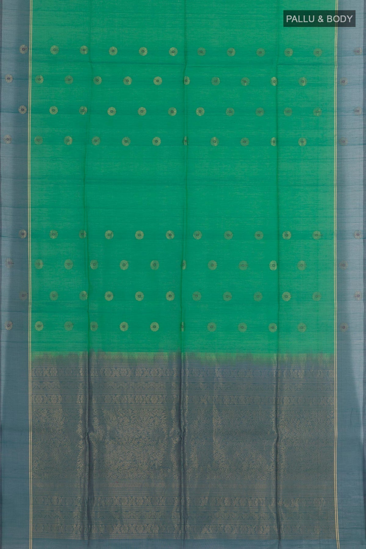 Flat view of Green Blended Kora Cotton Saree with Zari Butta on the body and Zari Border. 