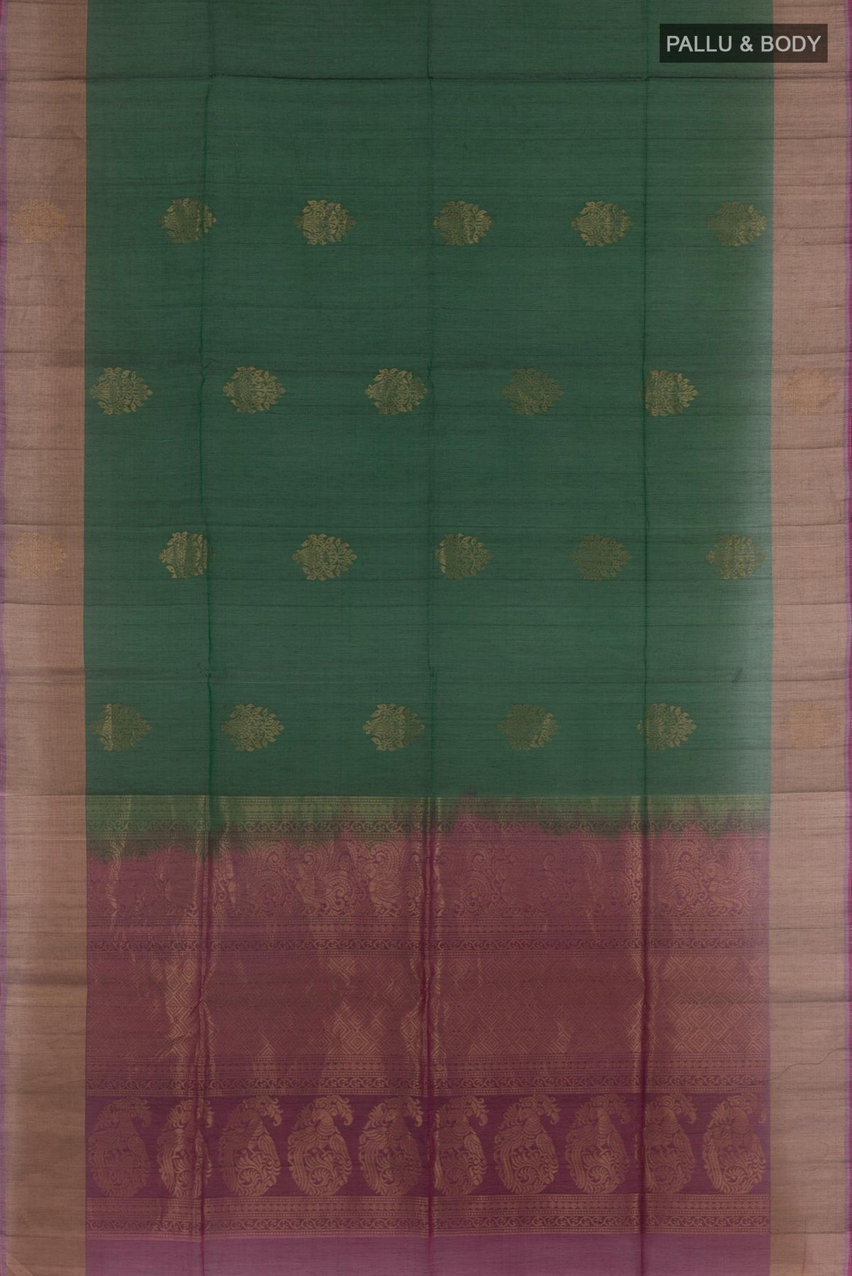 Flat view of Bottle Green Blended Kora Cotton Saree with Zari Butta on the body and Zari Border. 