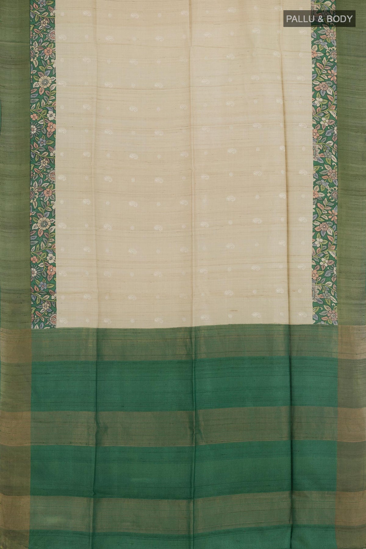 Flat view of Off White Tussar Saree with Thread Butta on the body and Zari Border. 