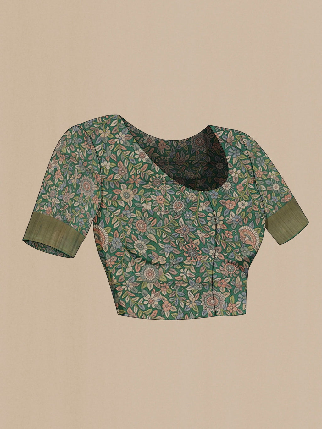 Close up image of the blouse of Green Tussar Saree with Zari Butta on the body and Zari Border. 