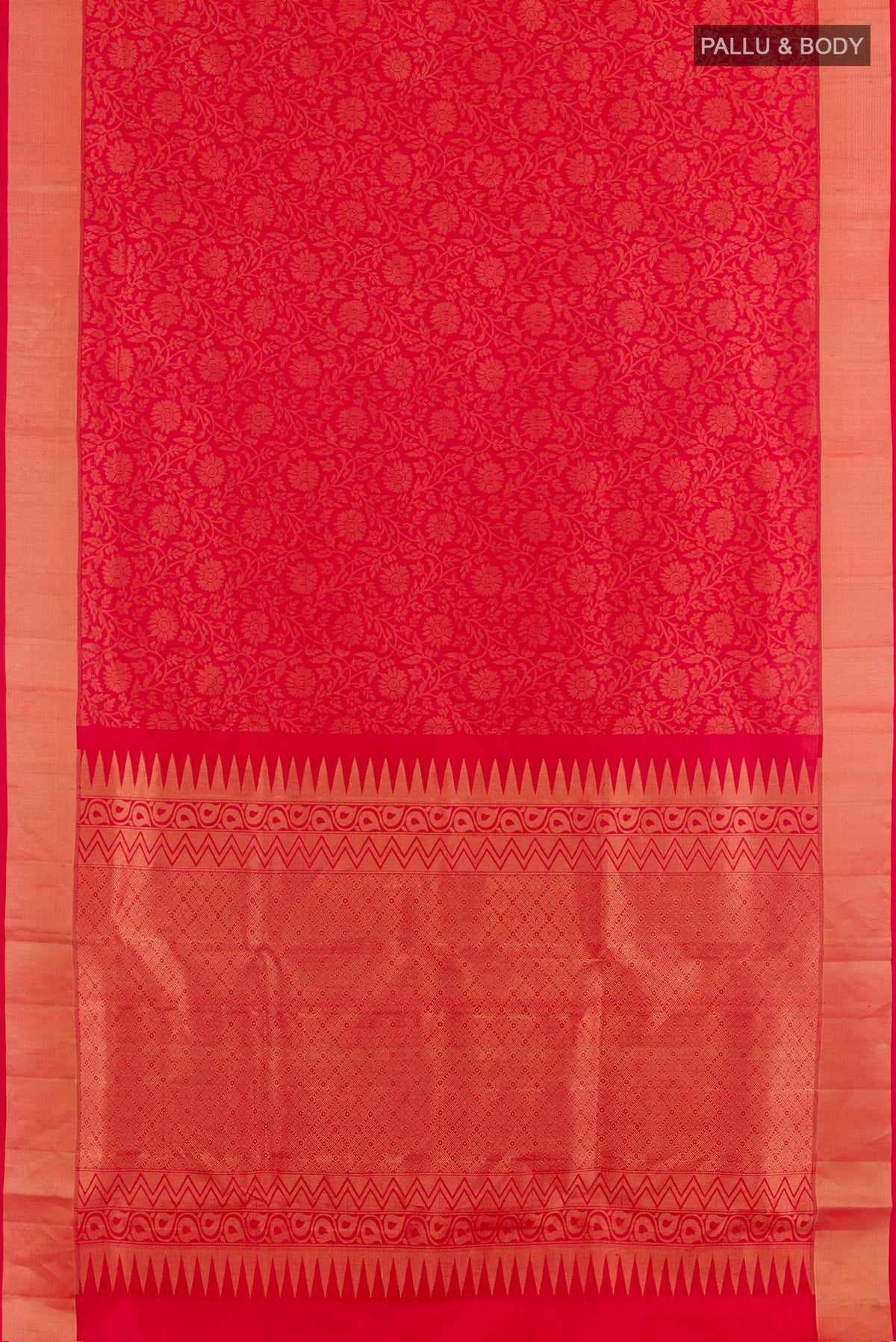Flat view of Red Soft Silk Saree with Zari Brocade on the body and Zari Border. 