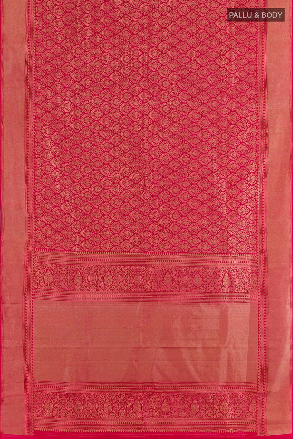Flat view of Red Kanchipuram Silk Saree with Zari Butta on the body and Zari Border. 