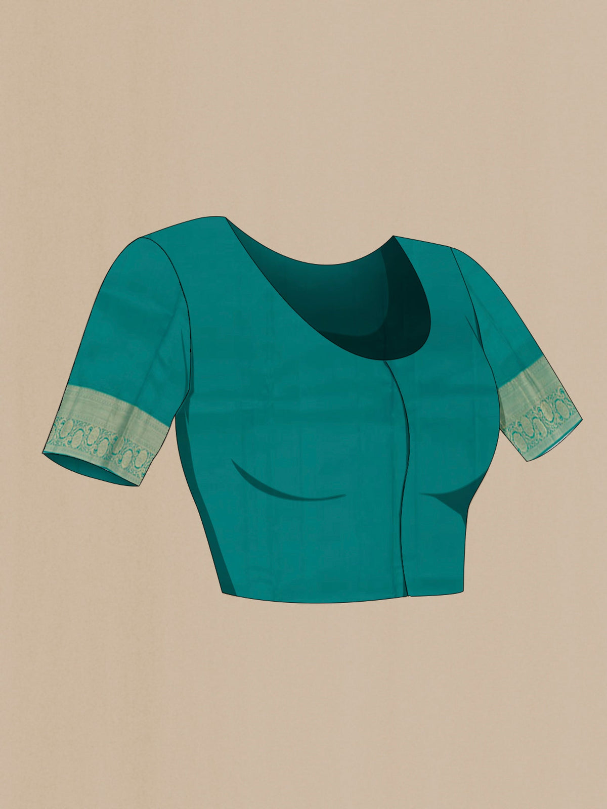 Close up image of the blouse of Sea Green Kanchipuram Silk Saree with Zari Brocade on the body and Zari Border. 