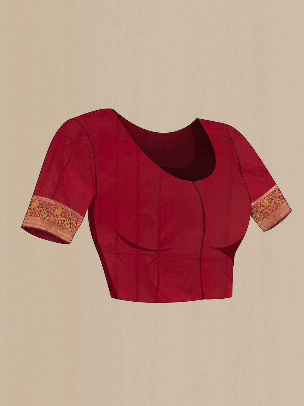 Close up image of the blouse of Red Banarasi Katan Silk Saree with Zari Butta on the body and Zari Border. 