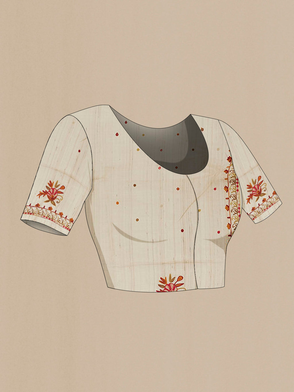 Close up image of the blouse of Off White Tussar Saree with Embroidery on the body and Embroidery Border. 